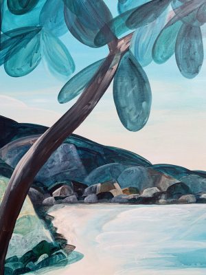 Basking on hot granite rocks, the tea tree stain washes out with the incoming tide; we jump into the swirling deep rock pools - Ingrid Daniell - Painting
