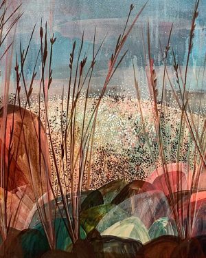 Artwork by Ingrid Daniell - Contemporary Artist - Acrylic and oil painting - Jewels glow in awe, a quiet dawn, on the edge of the lagoon