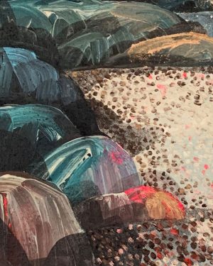 Artwork by Ingrid Daniell - Contemporary Artist - Acrylic and oil painting - Shell collecting at dusk-in awe