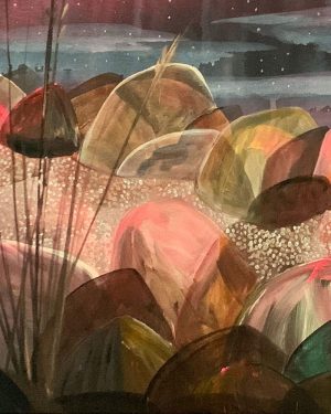 Artwork by Ingrid Daniell - Contemporary Artist - Acrylic and oil painting - All is golden in the awe of night shells rest under a sea of infinite suns
