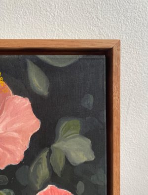 Chloe Caday - Australian Filipino Artist - Gouache on piña silk painting, framed in Tasmanian oak - Flowers of the divine, Gumamela - frame detail