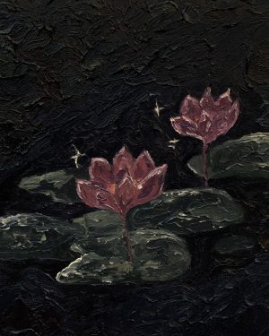 Chloe Caday - Australian Filipino Artist - oil on linen painting, framed in Tasmanian oak - Moons’ gift, Takay flower