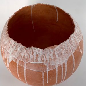 Katarina Wells - ceramic sculpture - orange pot with white drips