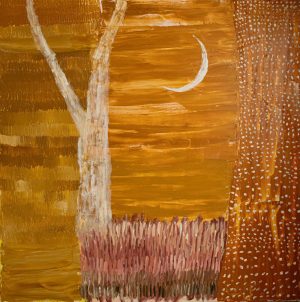 Mim Fluhrer, Red Moon Hill, semi-abstract oil painting