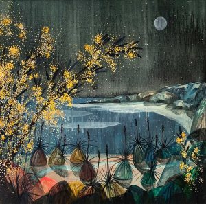 Ingrid Daniell, In Awe, Night Walking through Golden Wattle, landscape painting