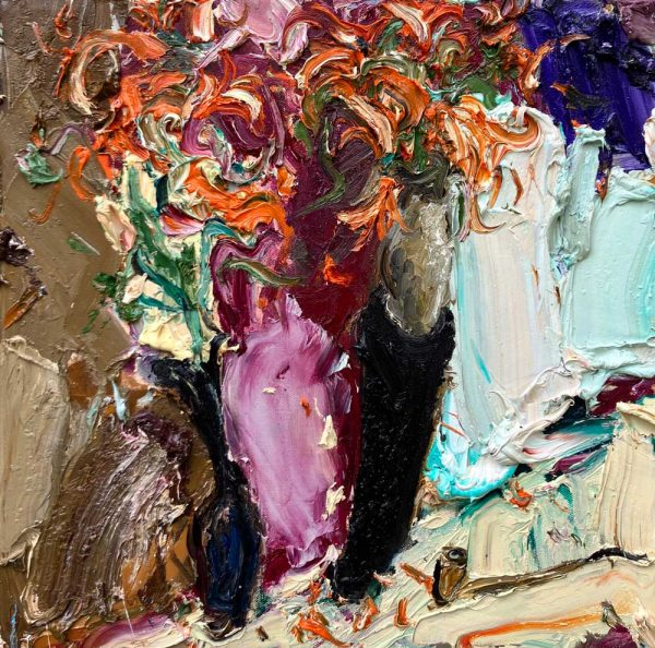 Mitchell Cheesman, Orange Lillies (Before the Wind), still life impasto oil painting