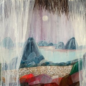 Ingrid Daniell, Volcanos Rise Like A Dream Out The Ocean, beach landscape painting