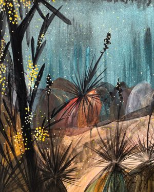 Ingrid Daniell, Wattle Drifts Through Dreams, acrylic landscape painting