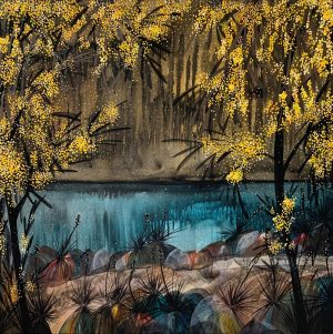 Ingrid Daniell, Wattle Drifts Through Dreams, acrylic landscape painting