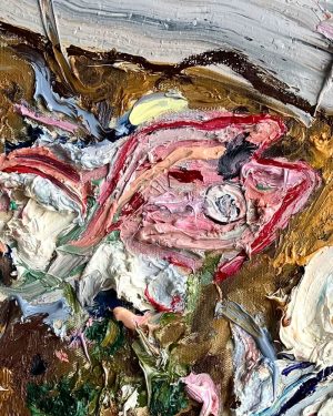 Mitchell Cheesman, Fish Lunch Skeleton Herbs, impasto still life oil painting