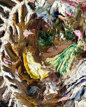Mitchell Cheesman, Fish Lunch Skeleton Herbs, impasto still life oil painting