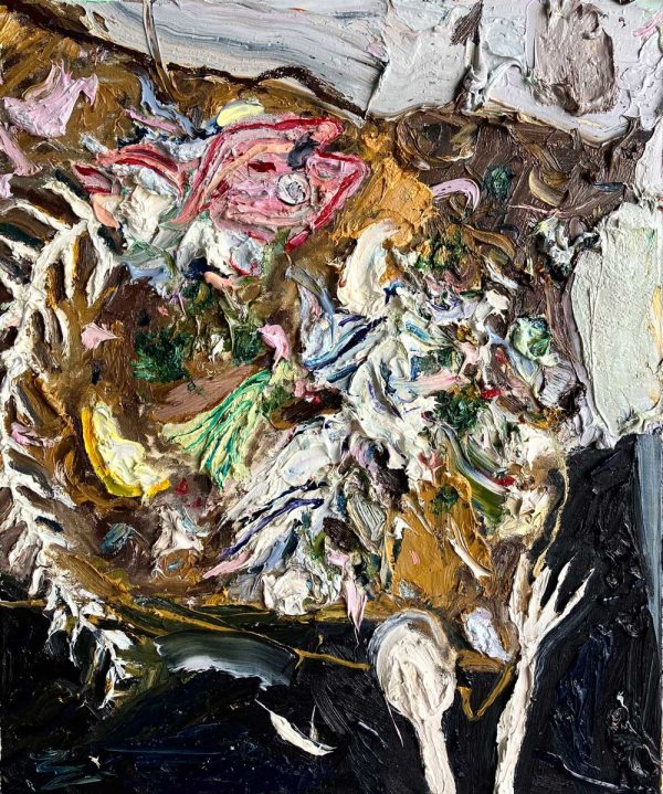 Mitchell Cheesman, Fish Lunch Skeleton Herbs, impasto still life oil painting